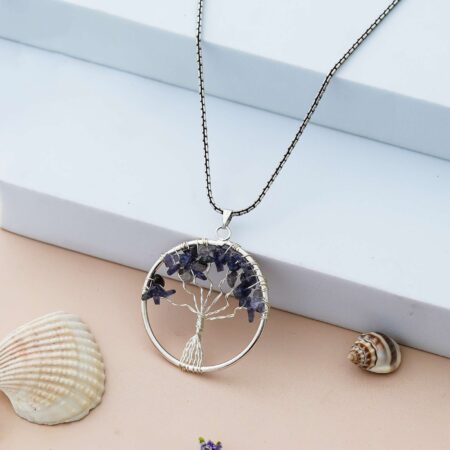 Sodalite Pendant Tree of Life Crystal Stone Pendant Locket with Metal Chain for  Healing Crystal Healing Gemstone Size 35-40 mm soda lite | SOD-T