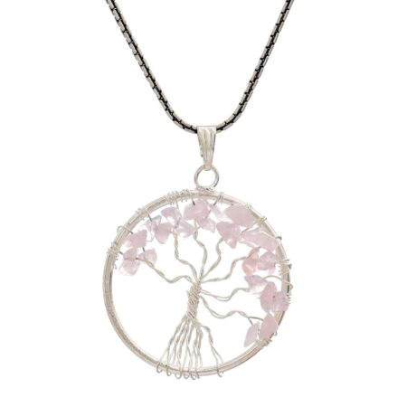 Rose Quartz Pendant Tree of Life Crystal Stone Pendant Locket with Metal Chain for  Healing Crystal Healing Gemstone Size 35-40 mm rose quarts | RSQ-T