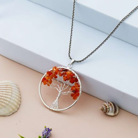 Carnelian Pendant Tree of Life Crystal Stone Pendant Locket with Metal Chain for  Healing Crystal Healing Gemstone Size 35-40 mm Carnelian | CRL-T