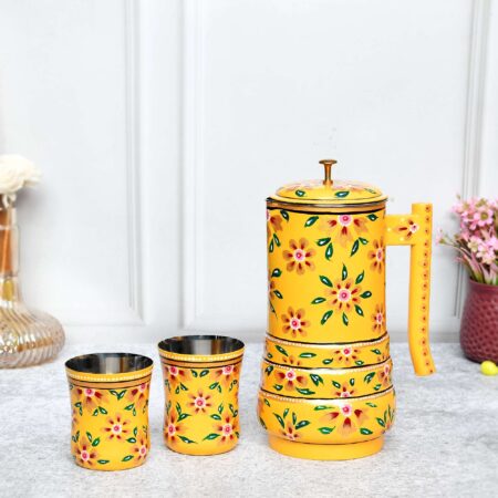 Premium Hand Painted Aluminium Water Jug Set with 2 Tumblers – Gangster Gold Floral Design | JG2-2