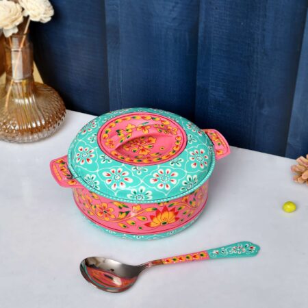 Hand Painted Aluminium Serving Bowl with Lid & Spoon | Decorative Floral Storage & Serving Dish | Handmade Indian Craft | HC2