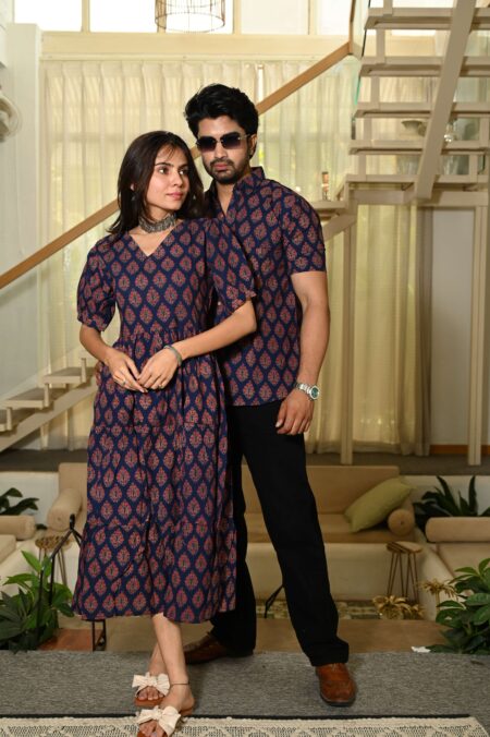 Couple Matching Navy Blue Cotton Anarkali Midi Dress and Shirt Set ? Red Hand Block Print