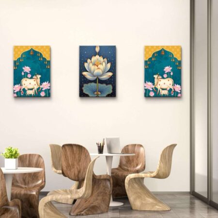 White Lotus & Cows Pichwai Handmade Wall Painting | Rectangle Size | PWP-4